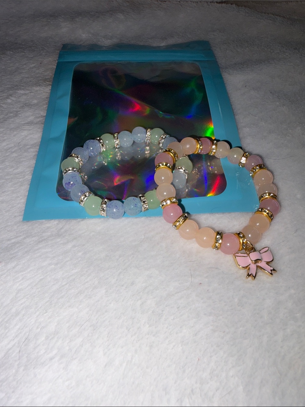 Pastel Pink Beaded Bracelet with Bow Charm - Women Jewelry